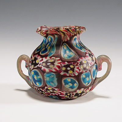 Small Fratelli Toso Millefiori Vase with Handles, Murano 1910.