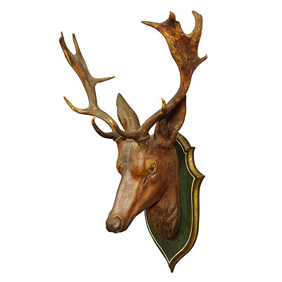 Large Naturalistic Black Forest Carved Fallow Deer Head, ca. 1910.