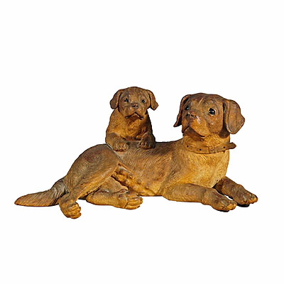 Antique Wooden Carved Statue of a Retriver with Puppy, Brienz ca. 1900.