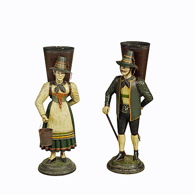 Rare Pair of Tin Figurines Winegrover and Wife with Panniers by J. M. Issmayer ca. 1840s.