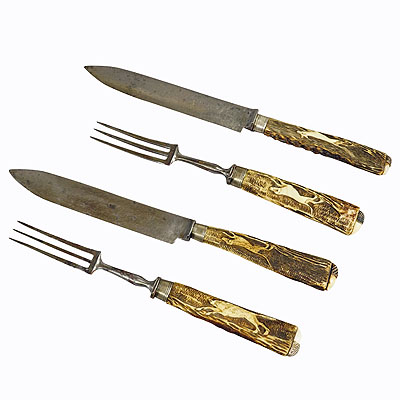Antique Set of Rustic Hunters Cutlery with Carved Deer Horn Handles.