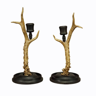 A Pair Vintage Black Forest Candle Holders with Wooden Base and Spout, Germany ca. 1930s.
