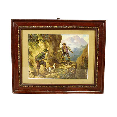 Antique Oil Print with Dramatic Poacher Scene after Josef Ringeisen.