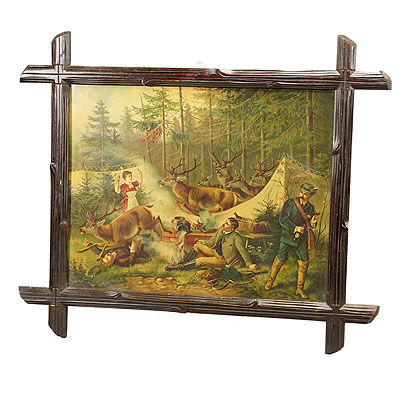 Antique Oil Print with Hunting Party Overrun by Deer 19th.