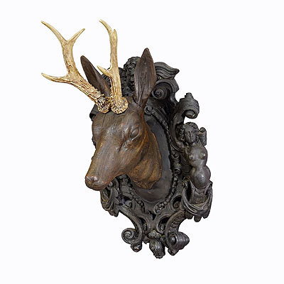 Antique Wooden Carved Black Forest Deer Head ca. 1900s.