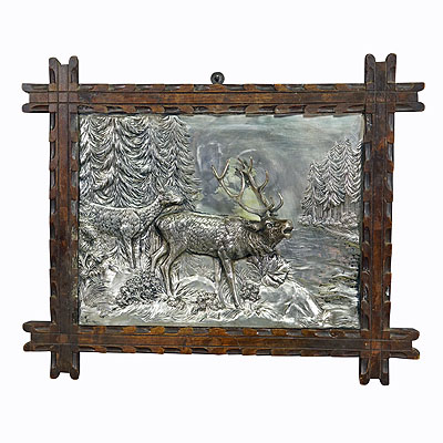 Antique Silvered Metal Relief Featuring a Stag and a Doe.