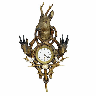 Antique Cabin Antler Wall Clock with Deer and Chamois Austria ca. 1900.
