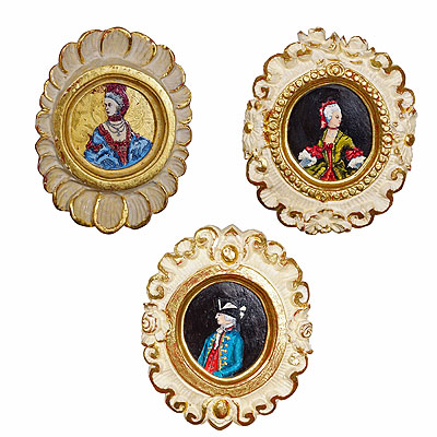 Set of Three Vintage Paintings with People in Rococo Costumes.