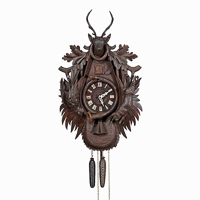 Large Antique Black Forest Carved Cuckoo Clock with Stag Head.