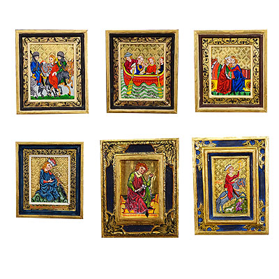 Set of Six Vintage Paintings with Minstrel Scenes from the Manesse Song Manuscript.