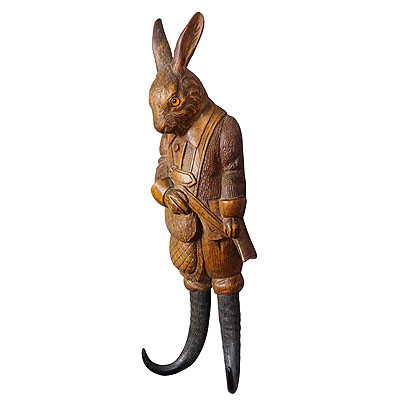 Black Forest Carved Hare Whip Holder or Wall Hook ca. 1900s.