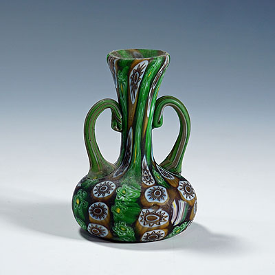 Antique Murrine Vase with Handles, Fratelli Toso Murano ca. 1920s.