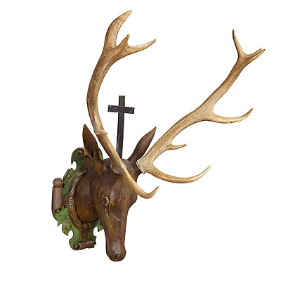 Antique Wooden Carved Black Forest Hubertus Stag Head with 12 Point Trophy.