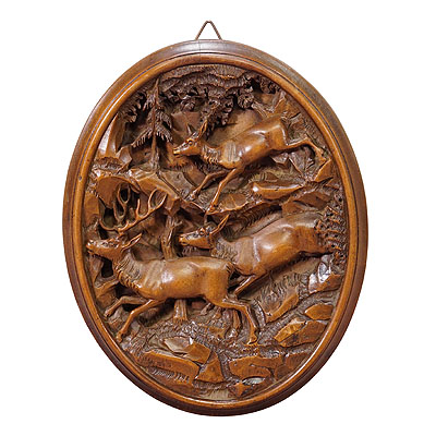 Great Wooden Carved Plaque with Stag Family, Brienz 1900s.