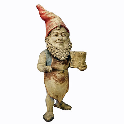 Large Terracotta Garden Gnome with Flower Pot, Germany ca. 1920s.