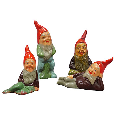 Lot of Four Tiny Terracotta Garden Gnomes, Germany ca. 1950s.