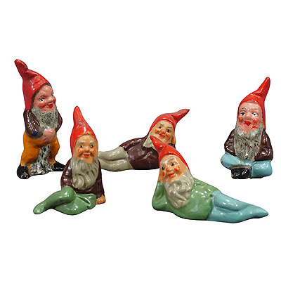 Five Tiny Terracotta Garden Gnomes, Germany ca. 1950s.
