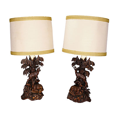 Pair Black Forest Carved Table Lamps with Ibex and Chamois.