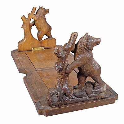 Wooden Carved Bookends with Bears Swiss ca. 1920s.
