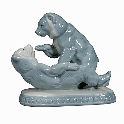 Vintage Porcelain Statue with Playing Bears, Germany, ca 1950s.