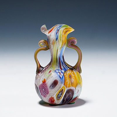 Antique Millefiori Vase with Handles, Fratelli Toso Murano ca. 1920s.