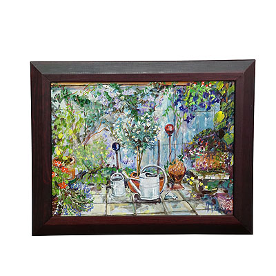 Garden Clematis with Watering Cans, 2000 – Oil painting by Alexander Michael.