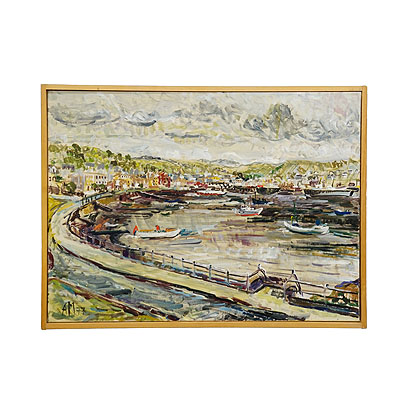 Harbor of Oban, Scotland, 1977 – Oil painting by Alexander Michael.