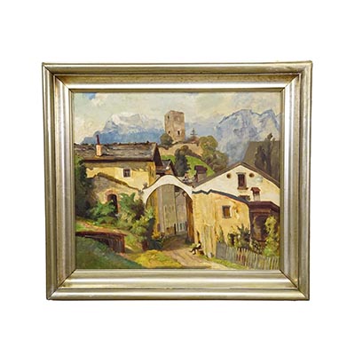 Bidermeier Painting of an European Alpine Village late 19th Century.