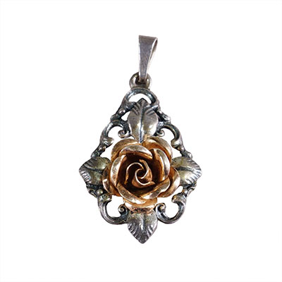 Elegant Vintage Silver Pendant with gold-plated Rosenheim Rose, Germany ca. 1950s.