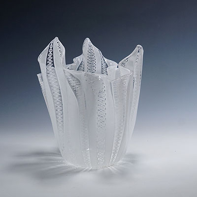 Large Fazzoletto Zanfirico Vase by Fulvio Bianconi for Venini, Venice Murano.