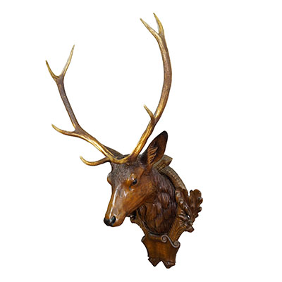Large Naturalistic Black Forest Carved Stag Head, ca. 1920s.