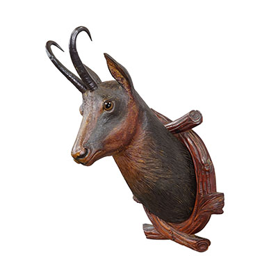 Large Naturalistic Black Forest Carved Chamois Head, ca. 1920s.
