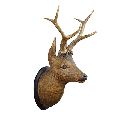 Large Naturalistic Black Forest Carved Deer Head, ca. 1930s.