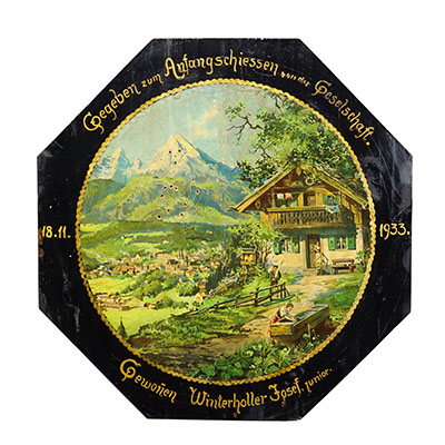 Antique Honor Target with Alpine Landscape and Chalet, Germany 1933.