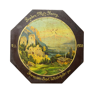 Antique Honor Target with Alpine Landscape and Castle Ruins, Germany 1932.