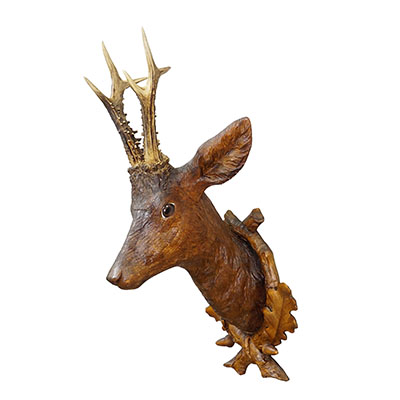 Large Naturalistic Black Forest Carved Deer Trophy, ca. 1920s.