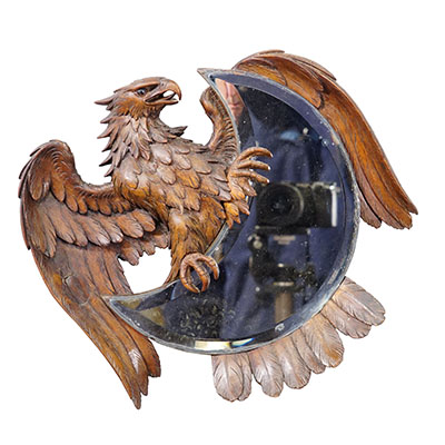 Antique Hand-Carved Wooden Eagle Mirror with Crescent Glass.