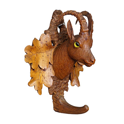 Black Forest Rustic Carved Wooden Ibex Head Wall Hook.