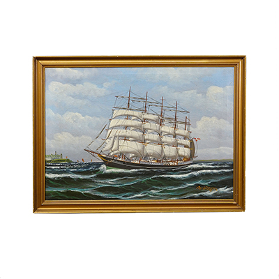 Marine Oil Painting - Five-Masted Barque off Kronborg Kristian Hansen, 1950s.