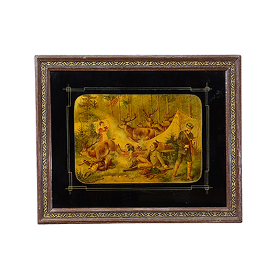 Antique Oil Print with Hunting Party Overrun by Deer 19th.