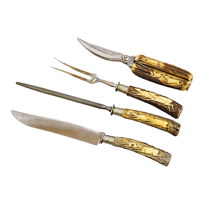 Antique Stainless Steel and Carved Horn 4-piece Cutlery Set Solingen, 1900s.