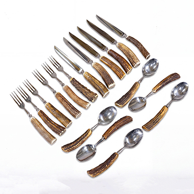 Vintage 18-Piece Hunting Flatware Set with Stag Horn Handles, Solingen, 1960s.