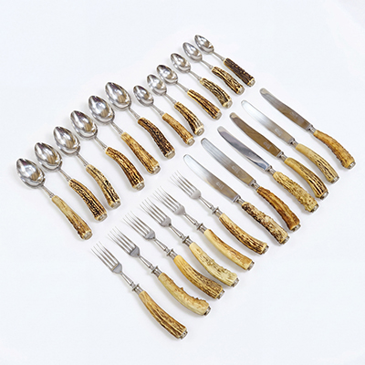 Vintage 24-Piece Hunting Flatware Set with Stag Horn Handles, Solingen, 1960s.