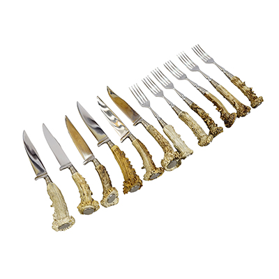 Vintage 12-Piece Hunting Flatware Set with Deer Horn Handles, Solingen, 1930s.