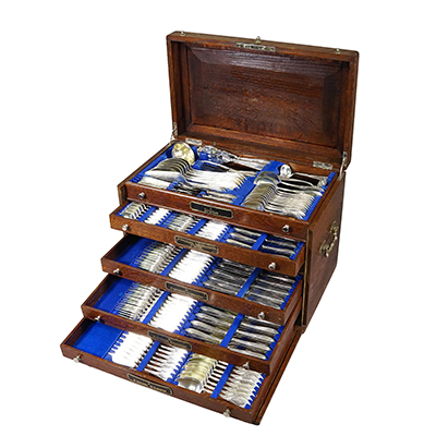 Antique 248 pcs. Art Nouveau Flatware Set with Cabinet by H. A. Juerst.