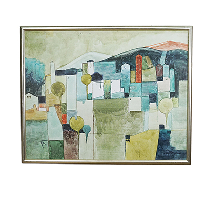 Vintage Cubist Modernist Landscape Oil Painting by D. Sehnfeld, 1960s.