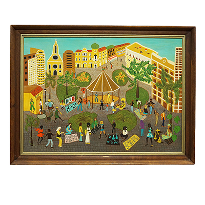 Vintage Oil Painting The Bustling Plaza in Brazil , Marion de Leporini Rehbock, ca. 1965.