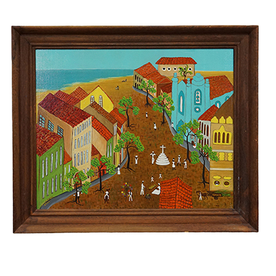 Vintage Oil Painting The Church by the Coast, Marion de Leporini Rehbock, ca. 1965.